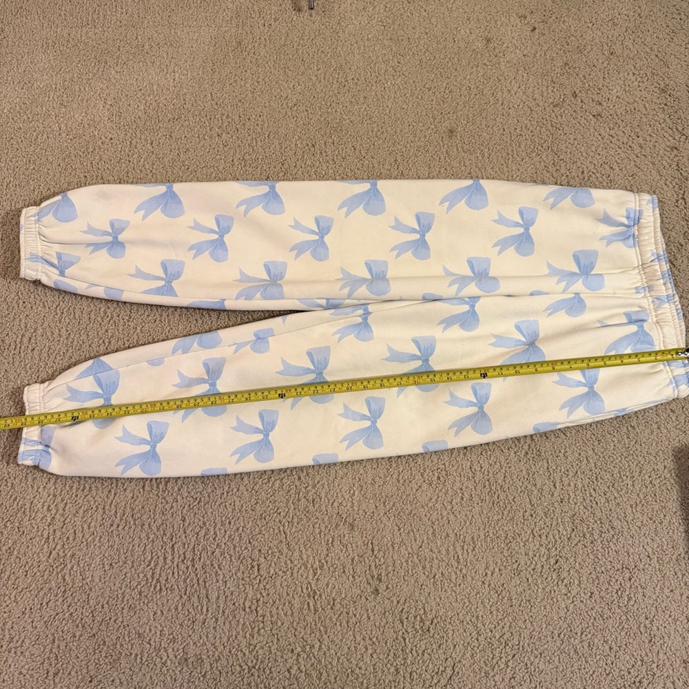HappyCamp3r Bow Print Joggers Coquette Sweatpants Cream Blue Size Small - Picture 4 of 7